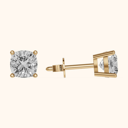 Four Prong Cushion Diamond Stud Earrings in Yellow Gold - 3D view 3