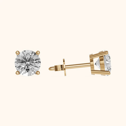 Four Prong Round Diamond Stud Earrings in Yellow Gold - 3D view 3