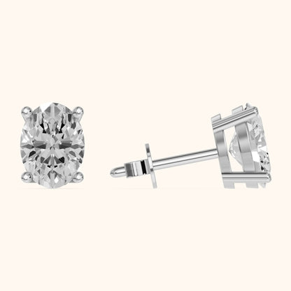 Four Prong Oval Diamond Stud Earrings in Silver - 3D view 3