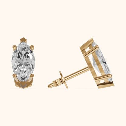 Four Prong Marquise Diamond Stud Earrings in Yellow Gold - 3D view 3