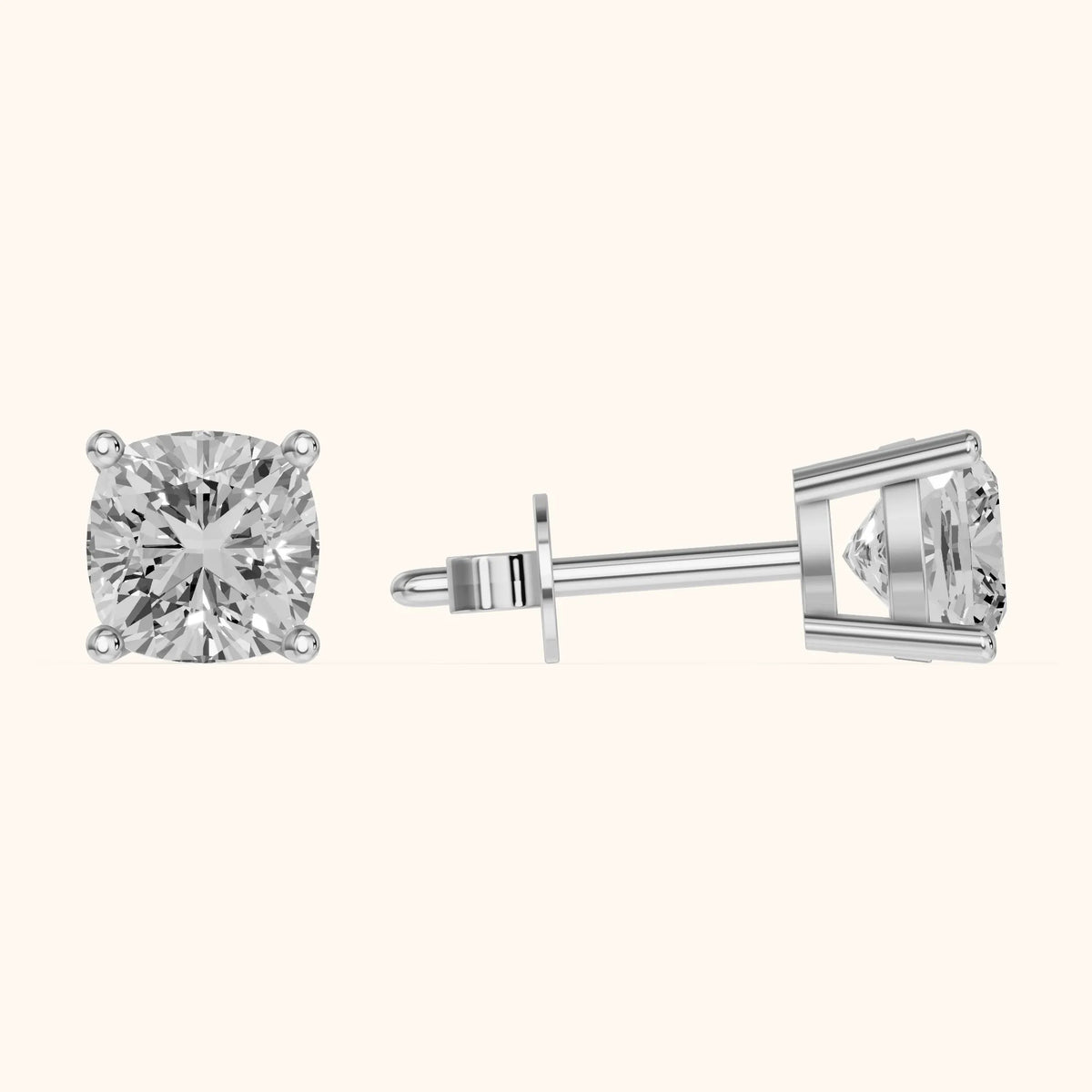 Four Prong Cushion Diamond Stud Earrings in Platinum - 3D view 3