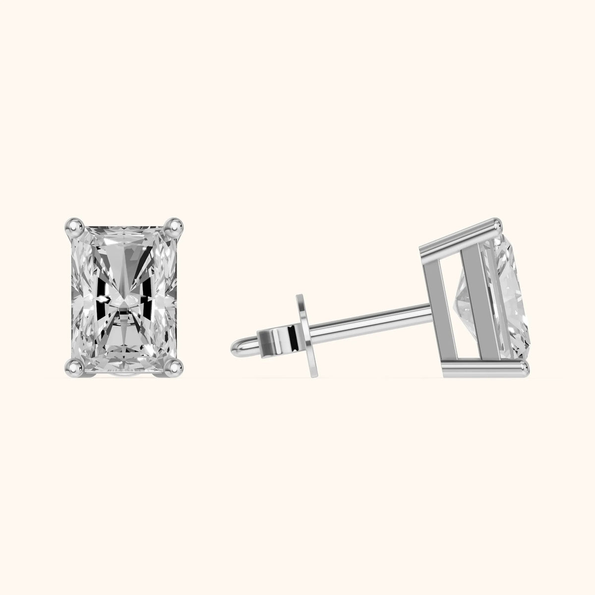 Four Prong Radiant Diamond Stud Earrings in Silver - 3D view 3