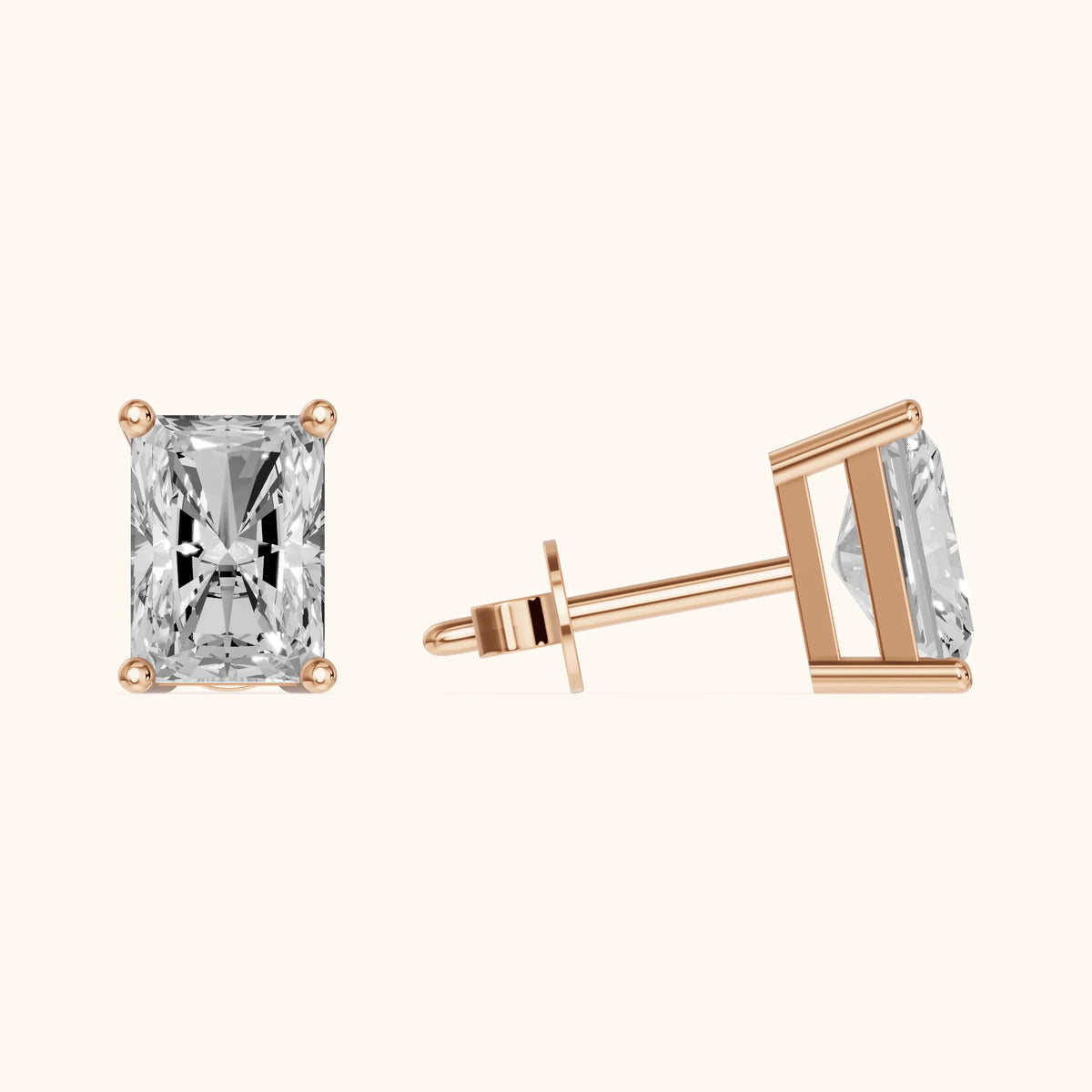 Four Prong Radiant Diamond Stud Earrings in Rose Gold - 3D view 3
