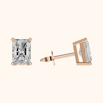 Four Prong Radiant Diamond Stud Earrings in Rose Gold - 3D view 3