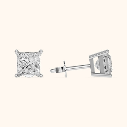 Four Prong Princess Diamond Stud Earrings in Silver - 3D view 3