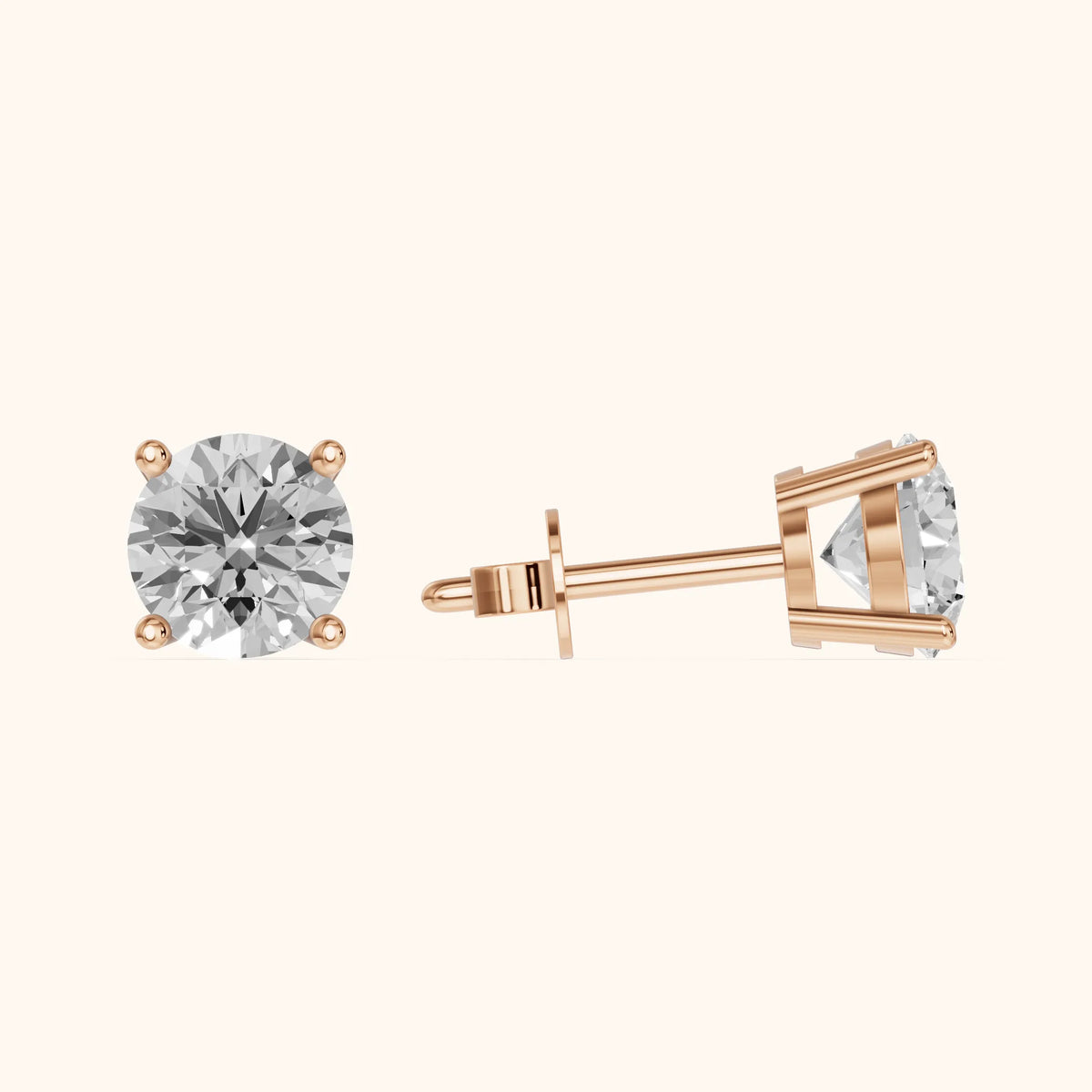 Four Prong Round Diamond Stud Earrings in Rose Gold - 3D view 3