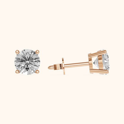 Four Prong Round Diamond Stud Earrings in Rose Gold - 3D view 3