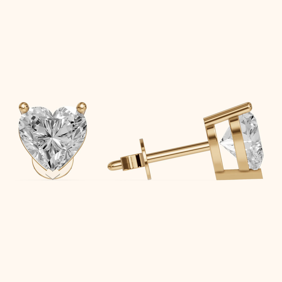 Four Prong Heart Diamond Stud Earrings in Yellow Gold - 3D view 3