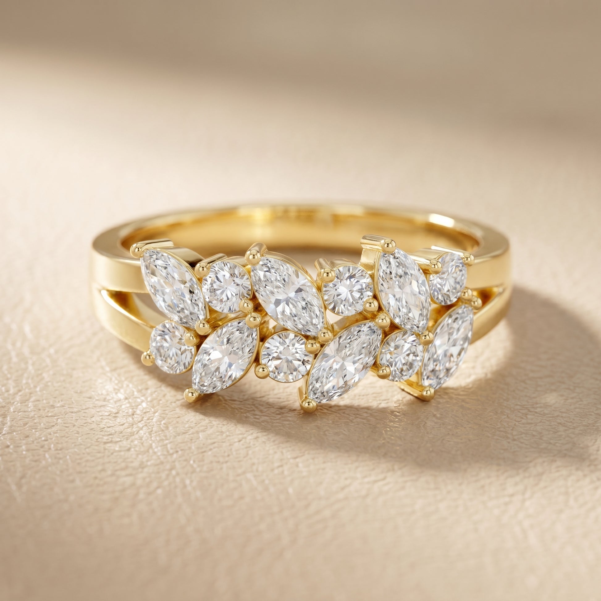 Marquise Round Cut Lab Grown Diamond Ring in Yellow Gold