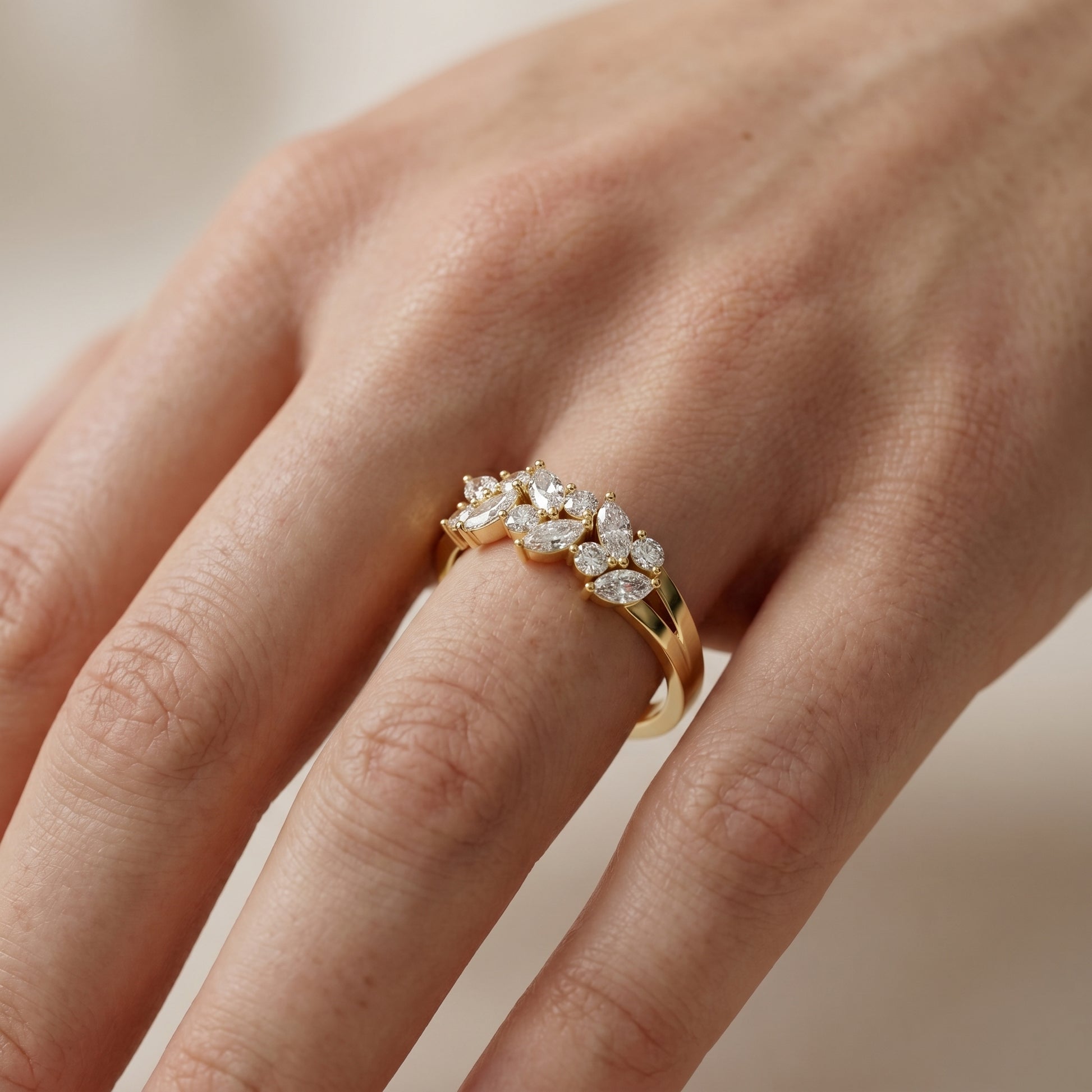 Marquise Round Cut Lab Grown Diamond Ring in Yellow Gold