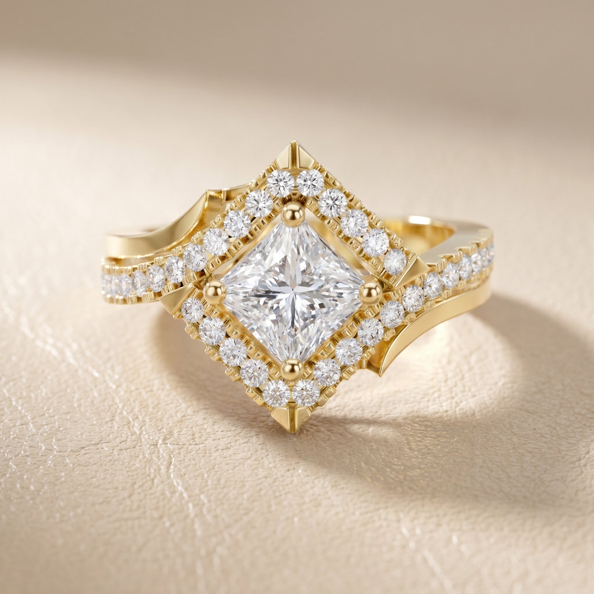Princess Round Cut Lab Grown Diamond Ring in Yellow Gold