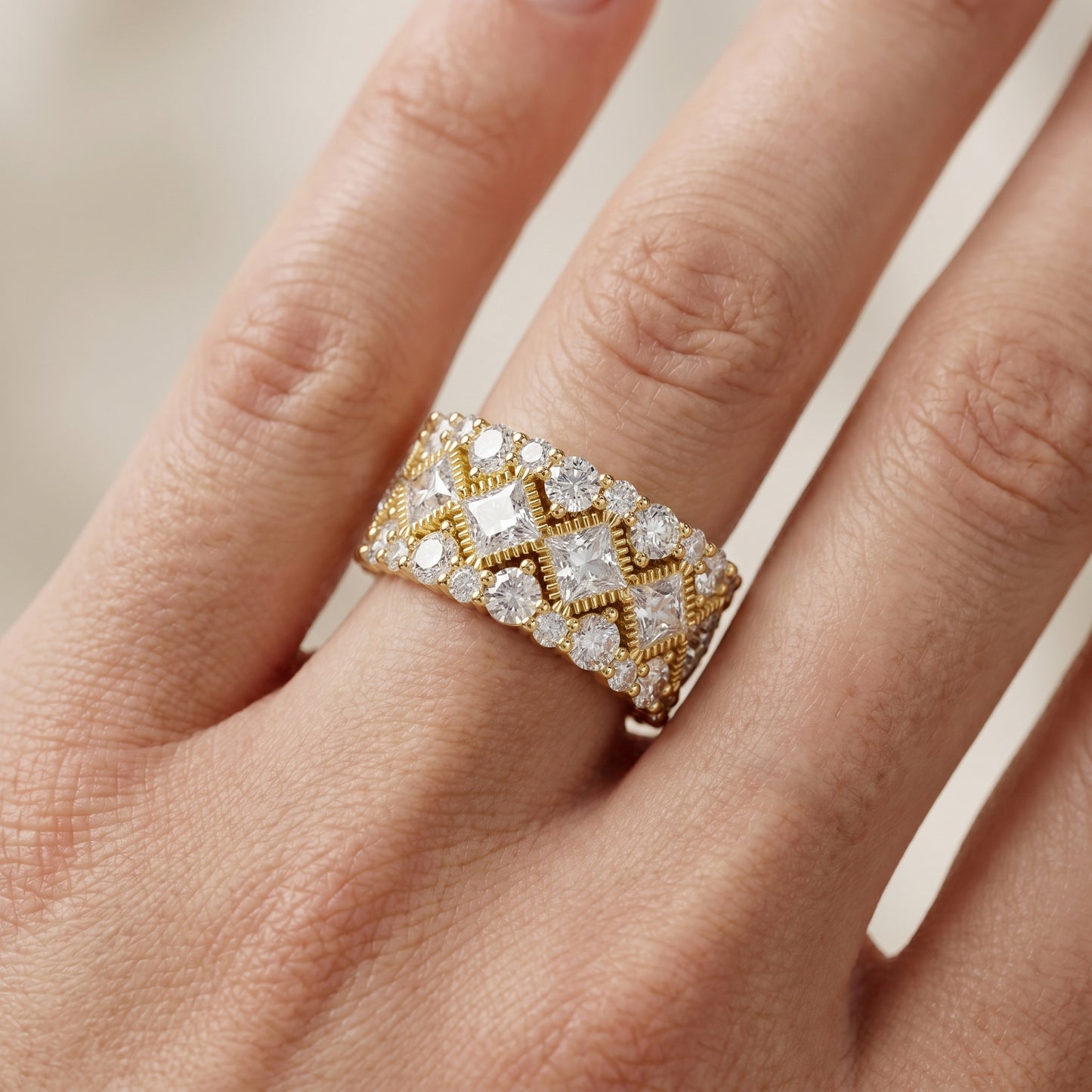 Princess Round Cut Lab Grown Diamond Ring in Yellow Gold