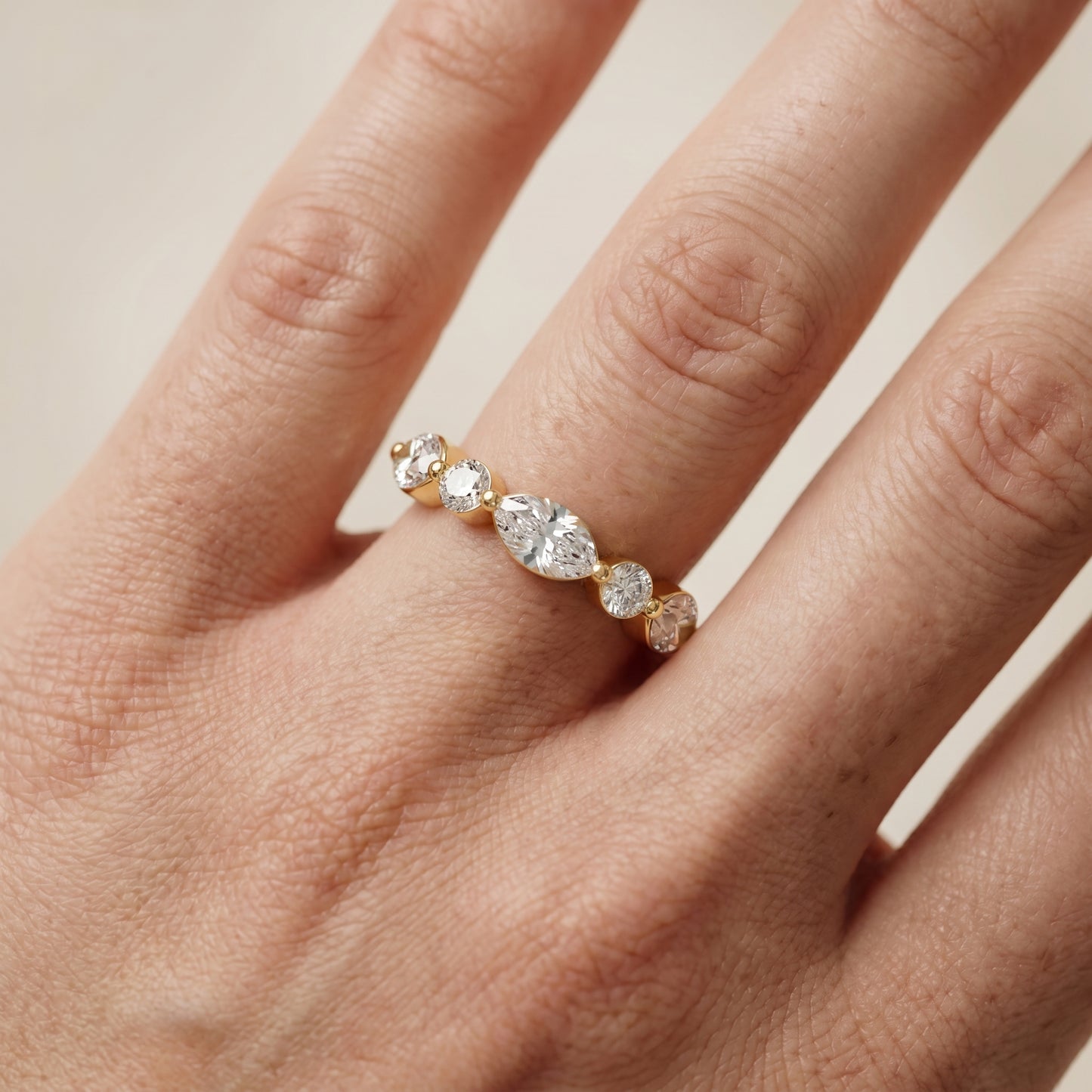 Marquise Round Cut Lab Grown Diamond Ring in Yellow Gold