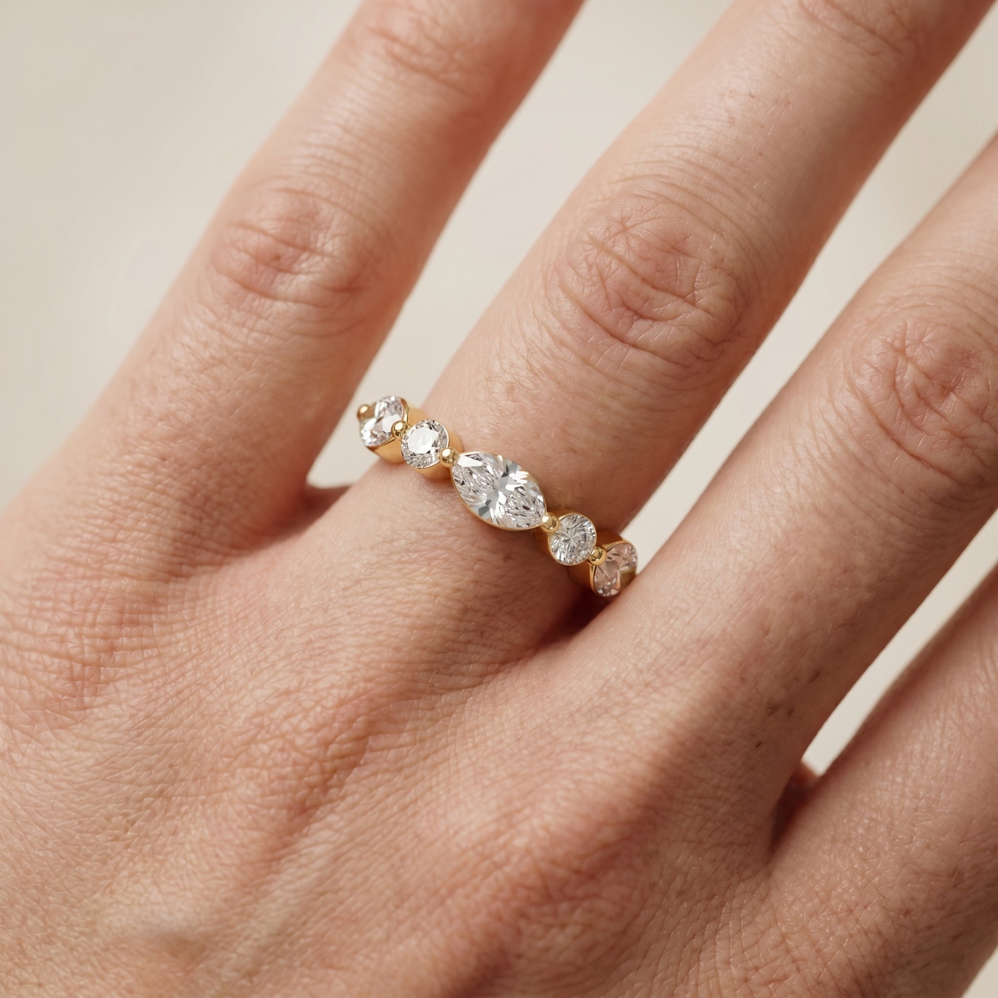 Marquise Round Cut Lab Grown Diamond Ring in Yellow Gold