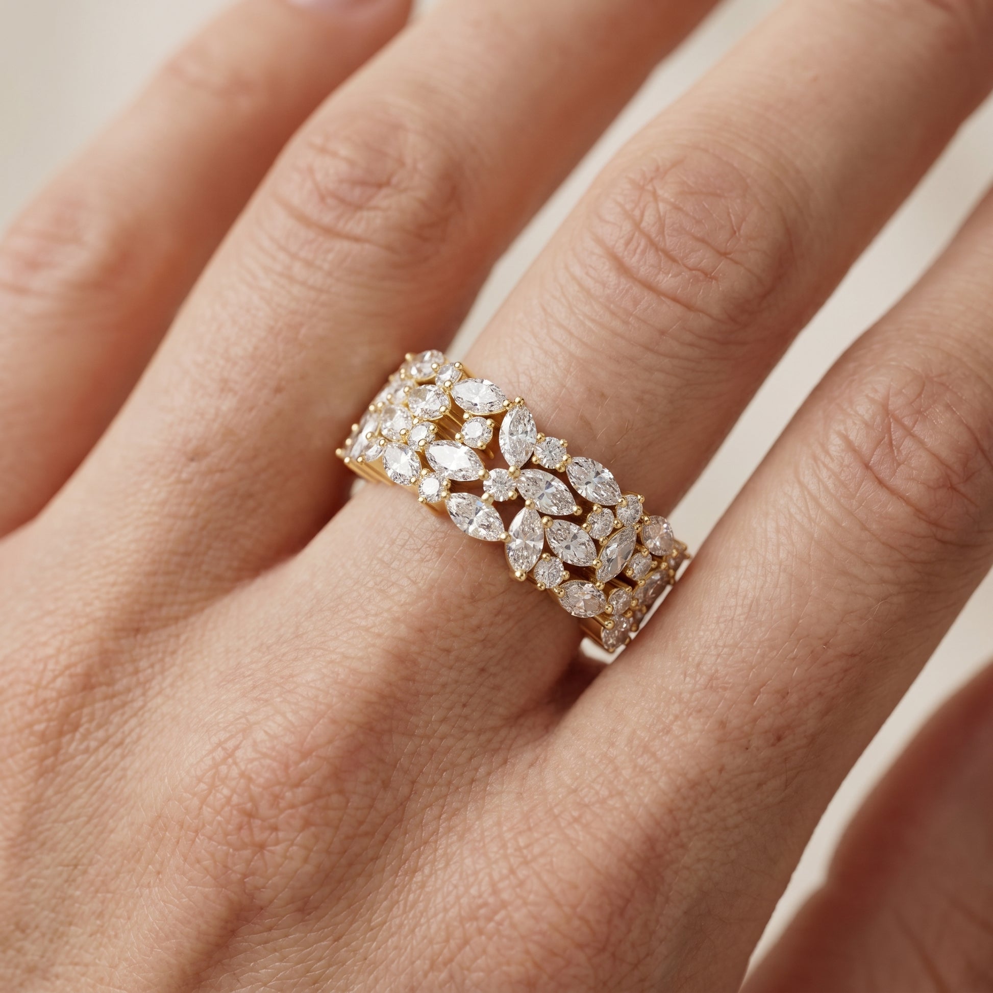 Marquise Round Cut Lab Grown Diamond Ring in Yellow Gold