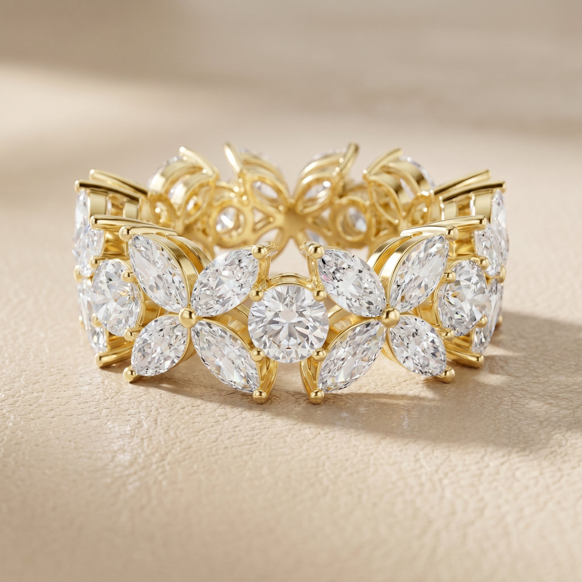 Marquise Round Cut Lab Grown Diamond Ring in Yellow Gold