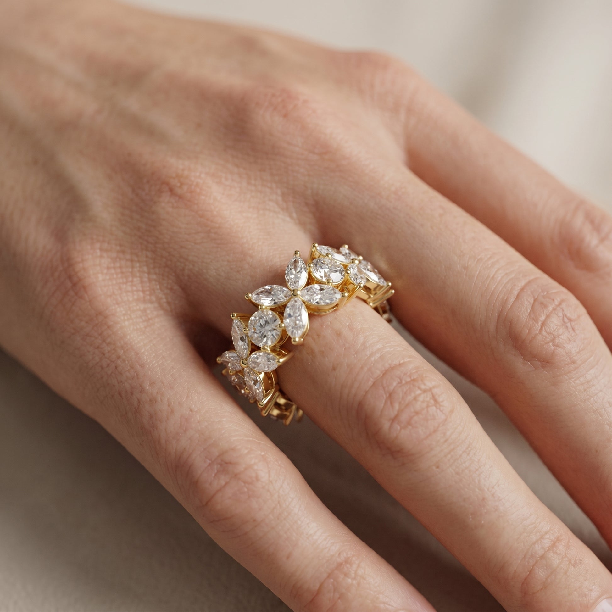 Marquise Round Cut Lab Grown Diamond Ring in Yellow Gold