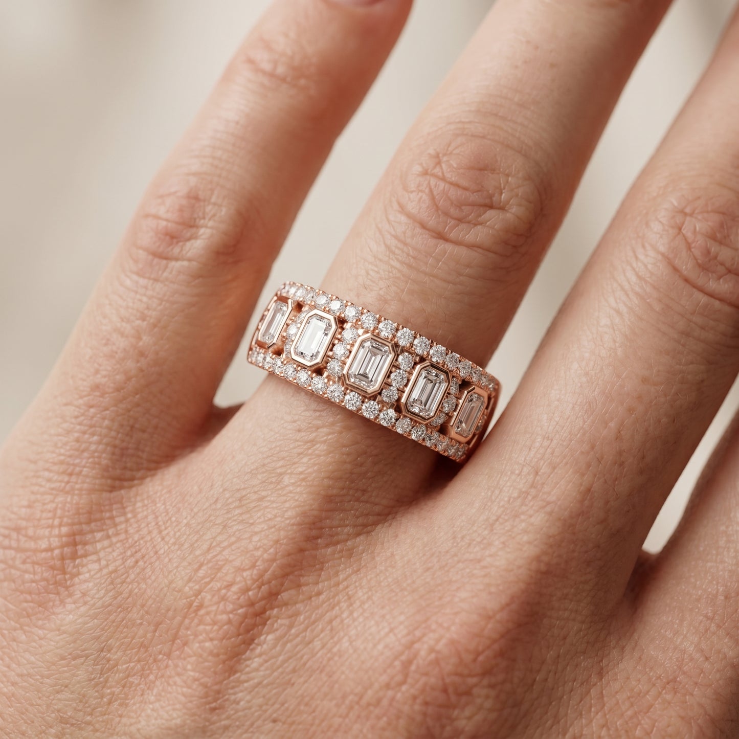 Emerald Round Cut Lab Grown Diamond Ring in Rose Gold