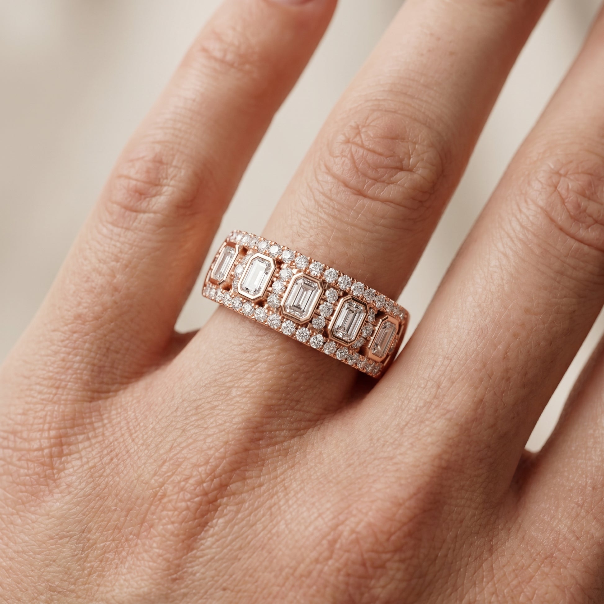 Emerald Round Cut Lab Grown Diamond Ring in Rose Gold