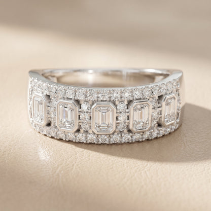 Emerald Round Cut Lab Grown Diamond Ring in Silver