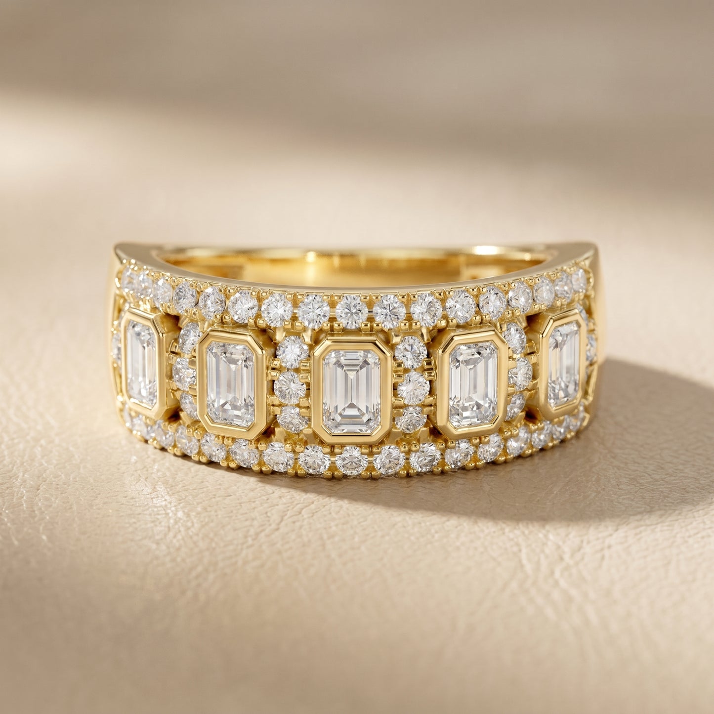 Emerald Round Cut Lab Grown Diamond Ring in Yellow Gold