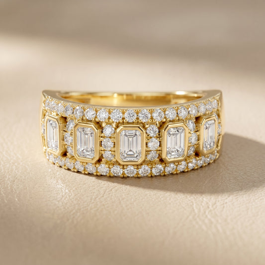 Emerald Round Cut Lab Grown Diamond Ring in Yellow Gold