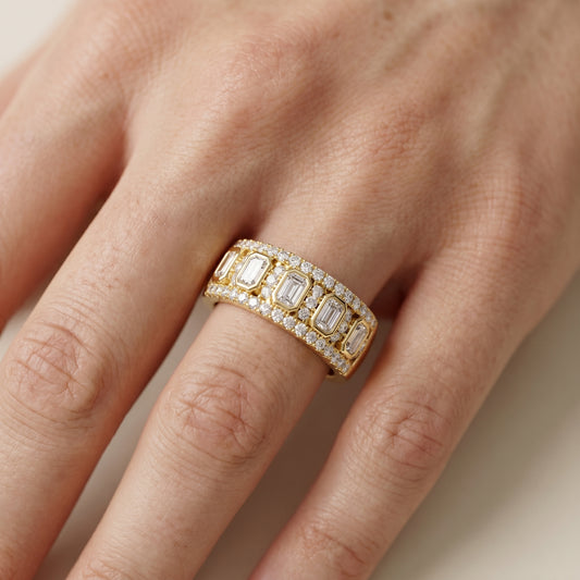 Emerald Round Cut Lab Grown Diamond Ring in Yellow Gold