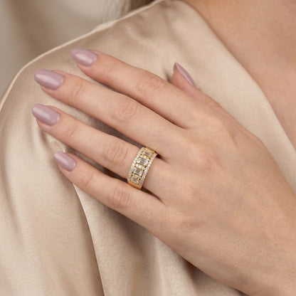 Emerald Round Cut Lab Grown Diamond Ring in Yellow Gold