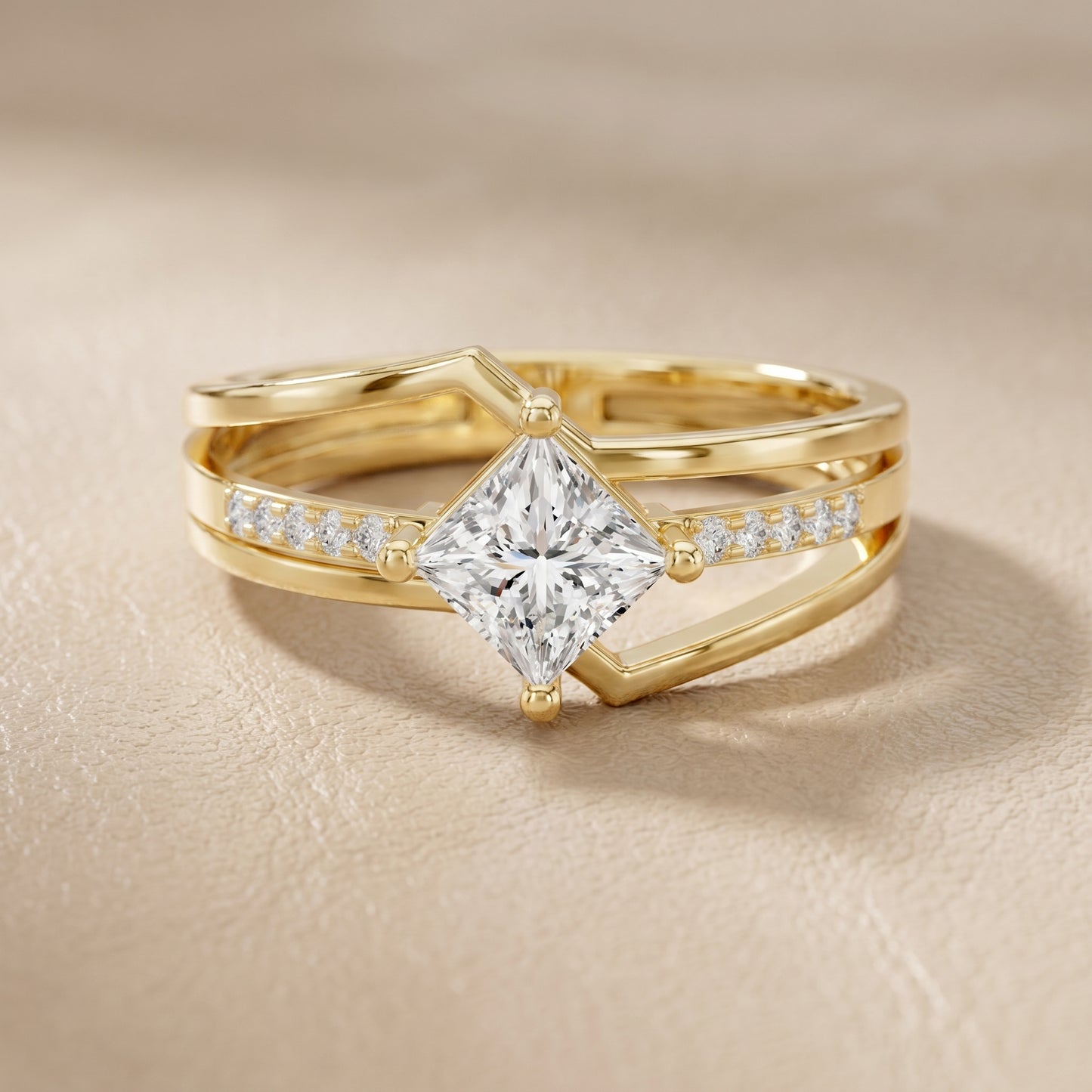 Princess Round Cut Lab Grown Diamond Ring in Yellow Gold