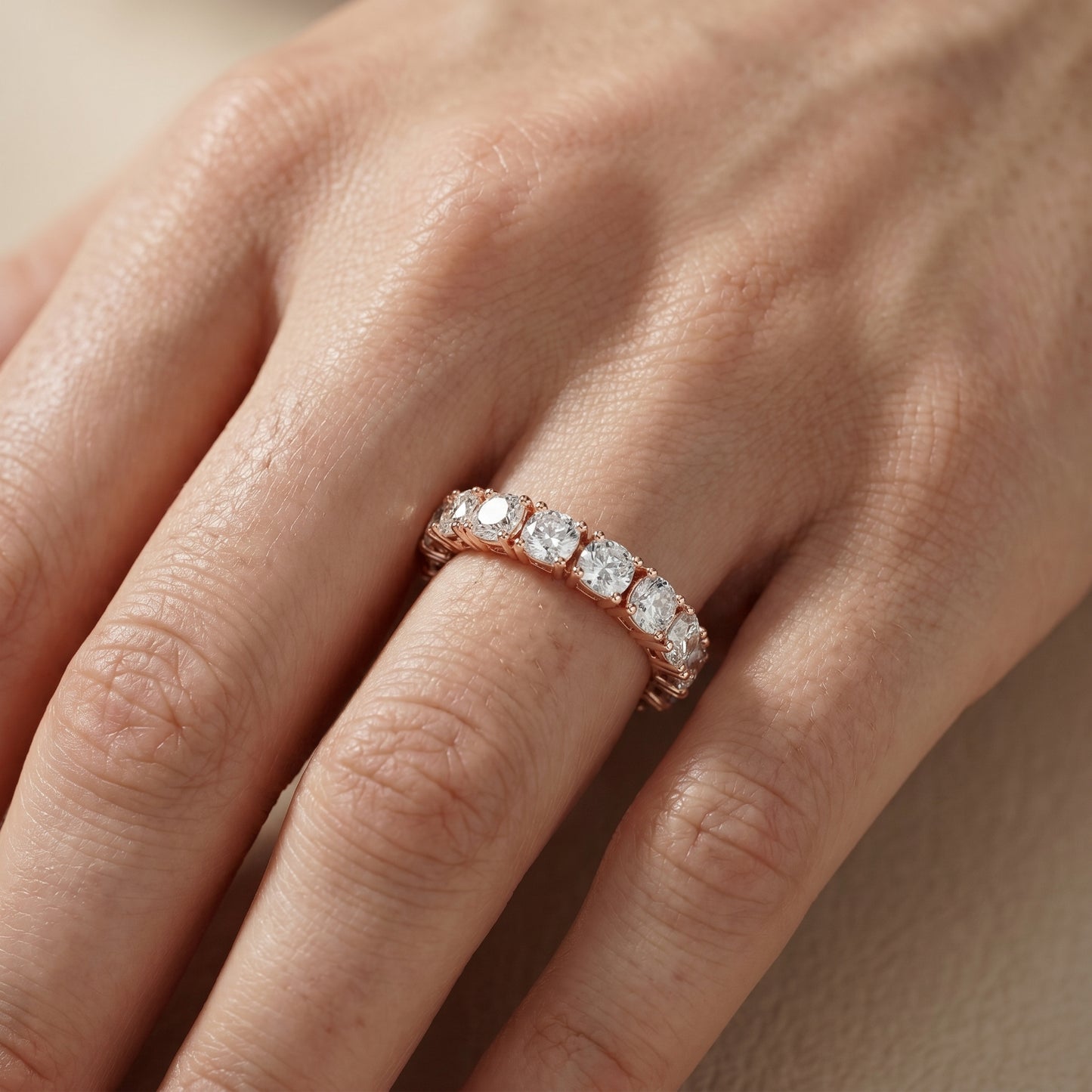 Cushion Cut Lab Grown Diamond Eternity Ring in Rose Gold