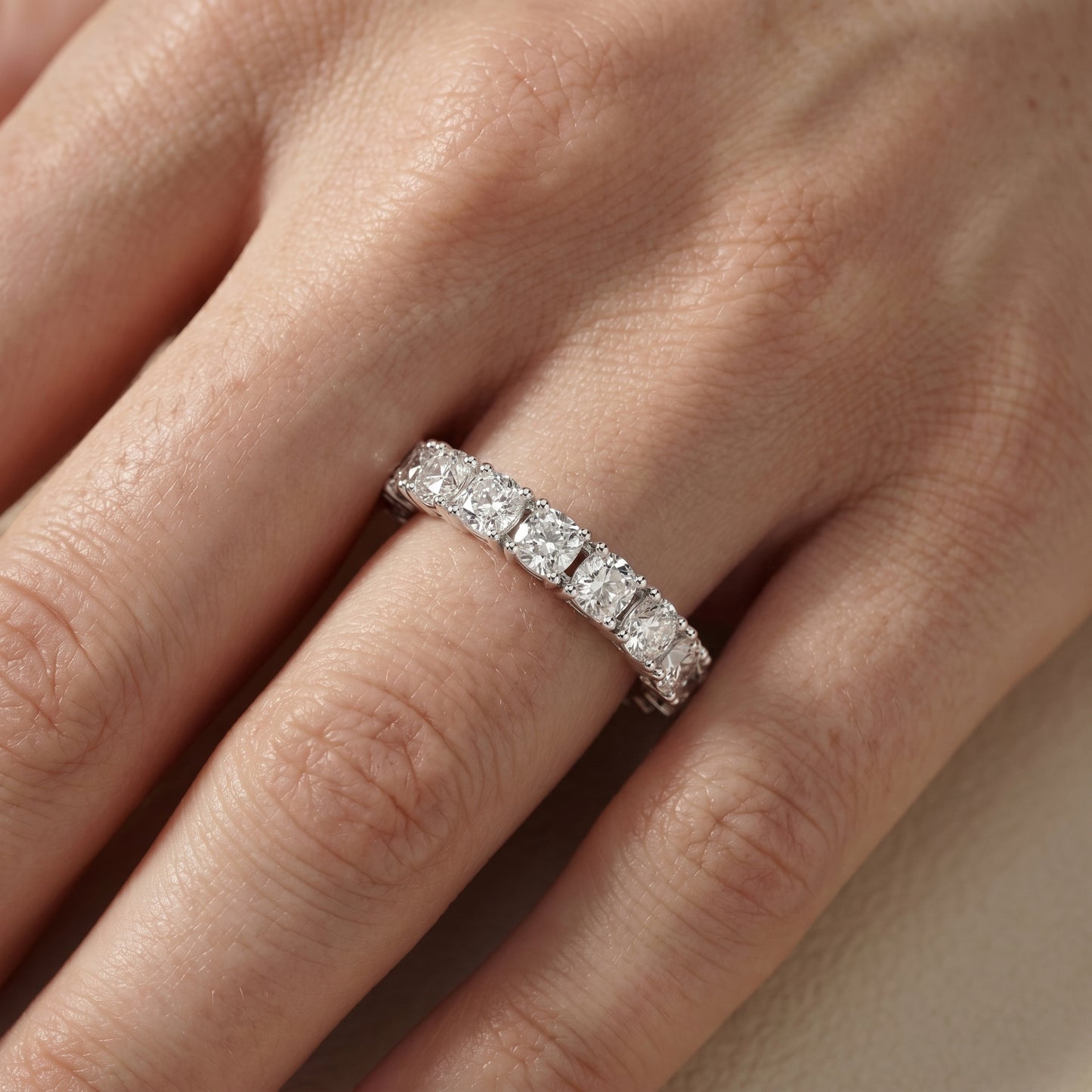 Cushion Cut Lab Grown Diamond Eternity Ring in White Gold