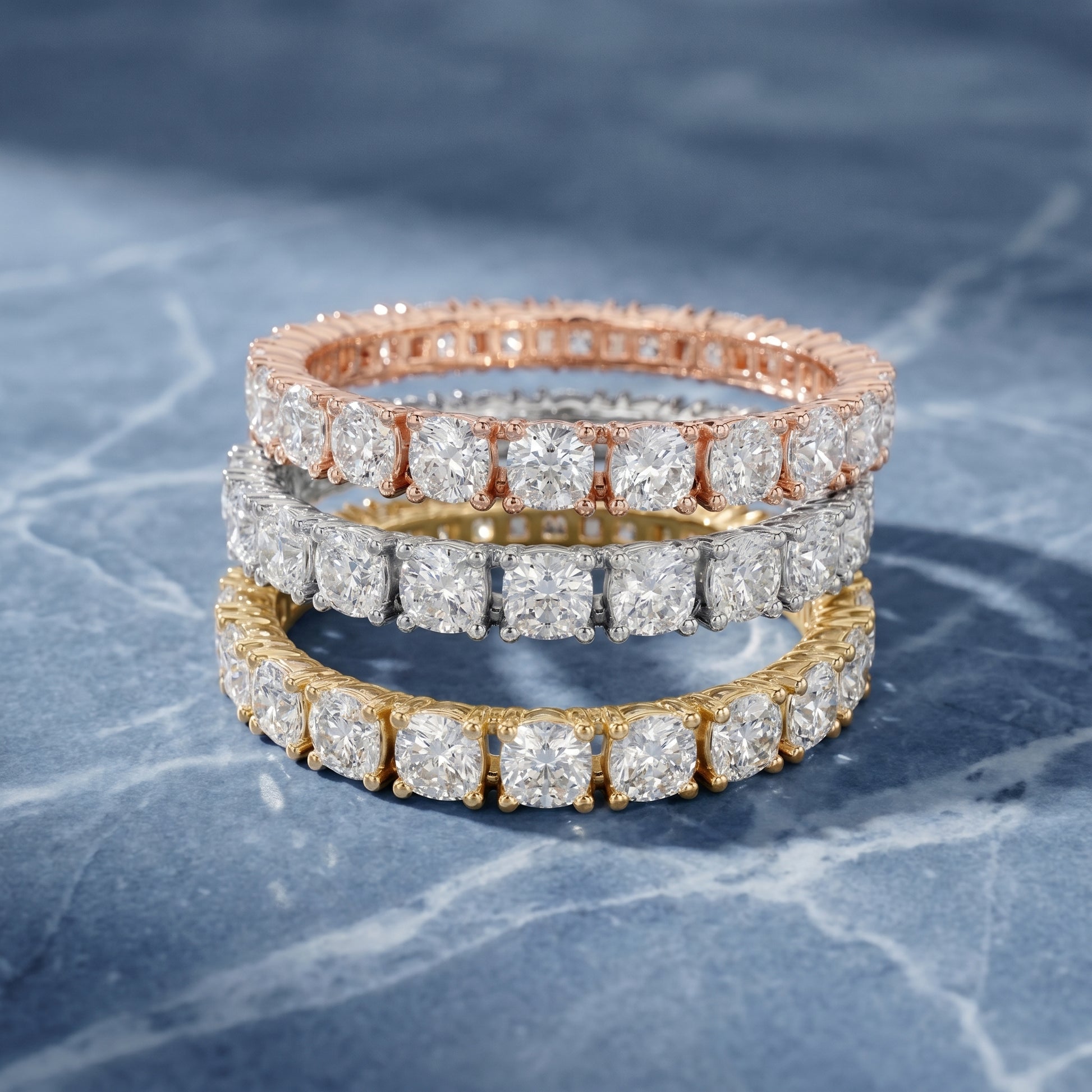 Cushion Cut Lab Grown Diamond Eternity Ring in Yellow Gold