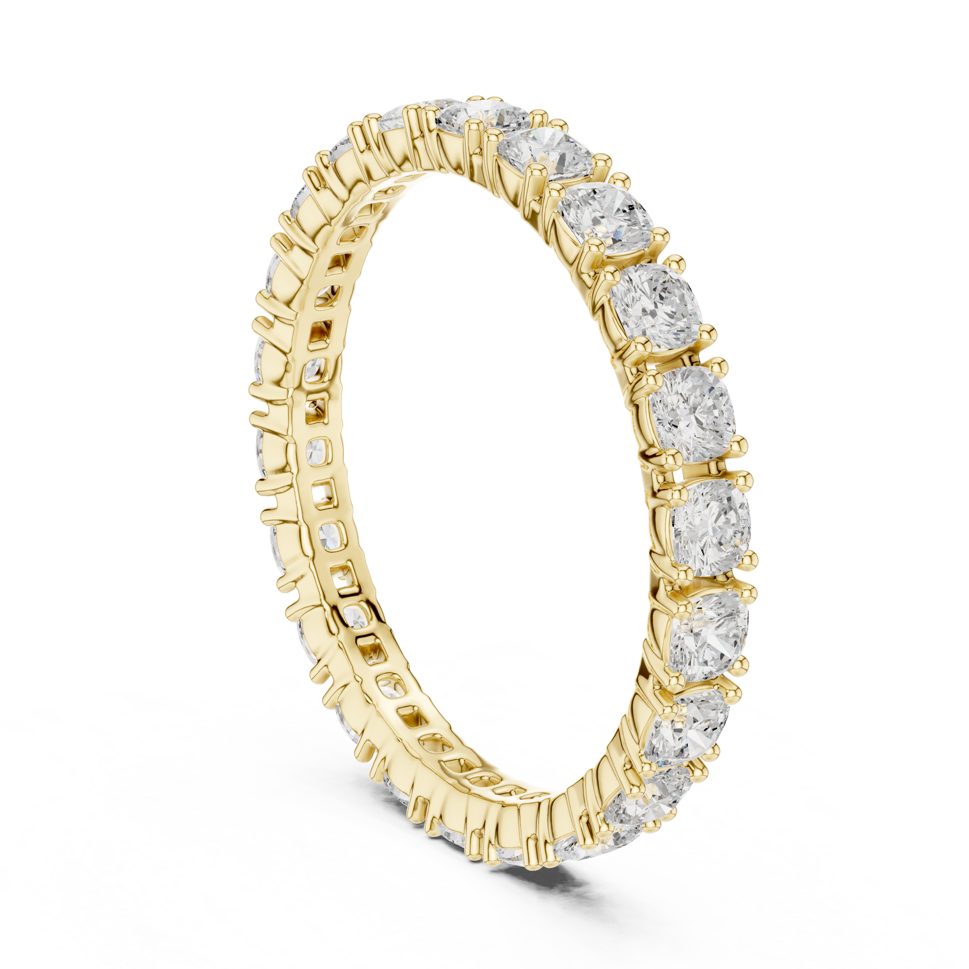 Cushion Cut Lab Grown Diamond Eternity Ring in Yellow Gold