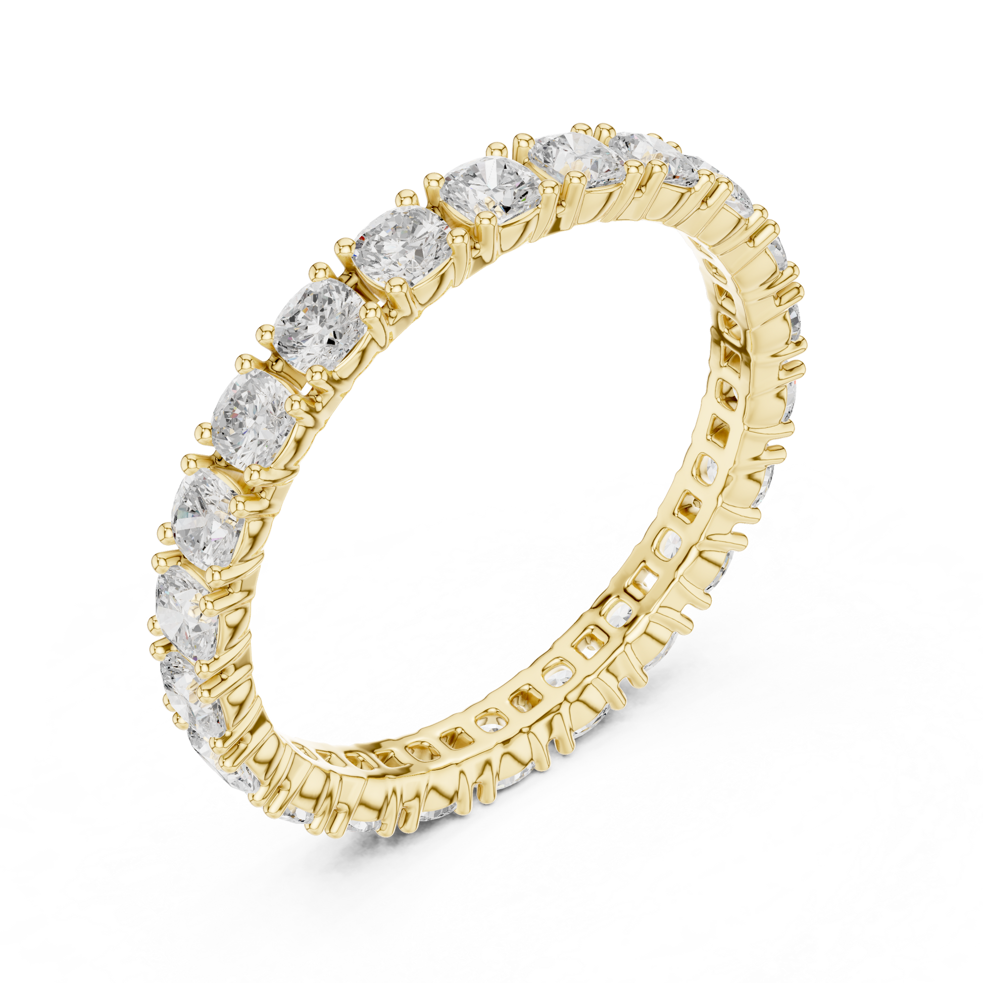 Cushion Cut Lab Grown Diamond Eternity Ring in Yellow Gold