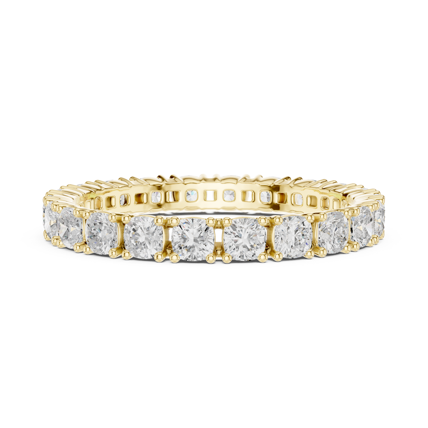 Cushion Cut Lab Grown Diamond Eternity Ring in Yellow Gold