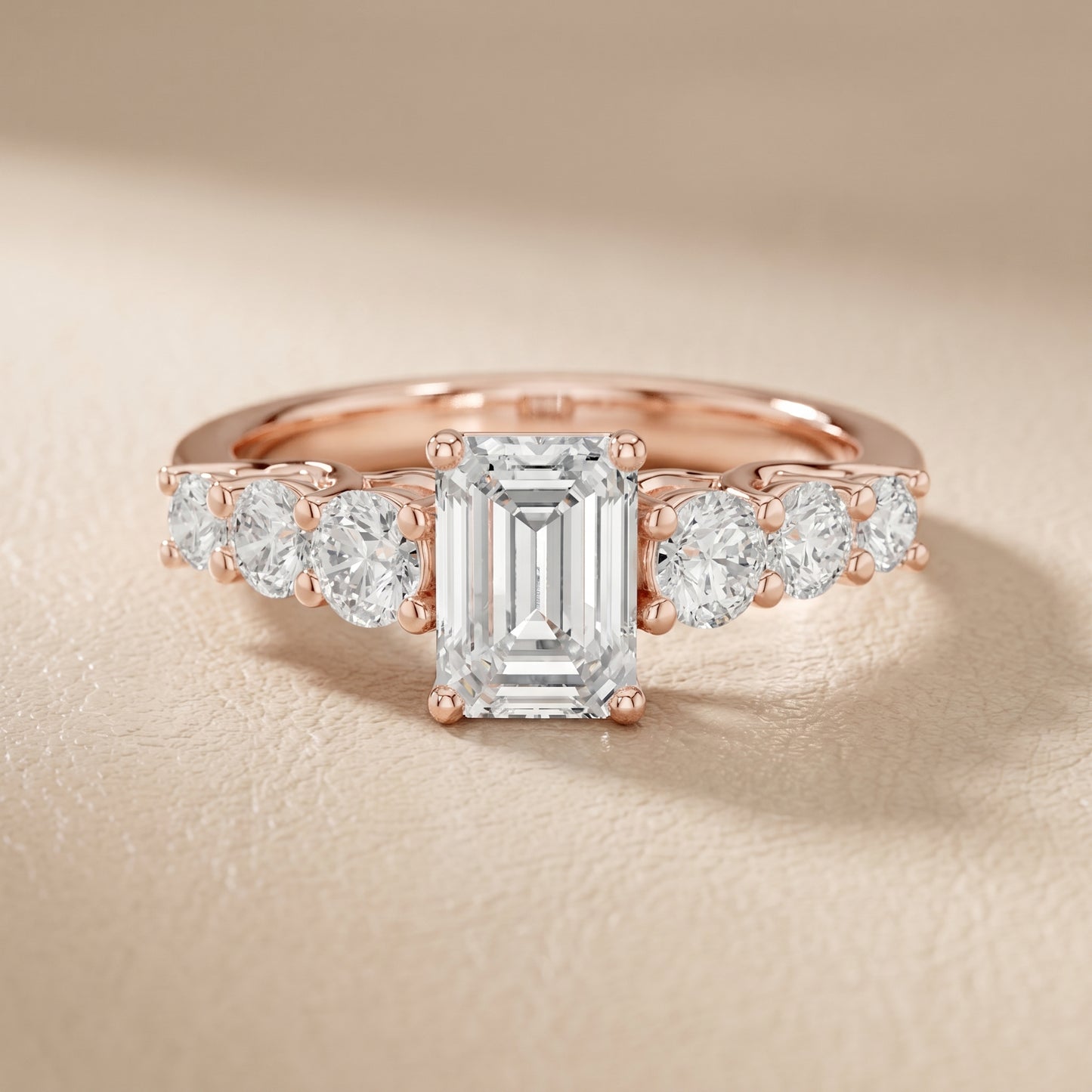 Emerald Round Cut Lab Grown Diamond Ring in Rose Gold