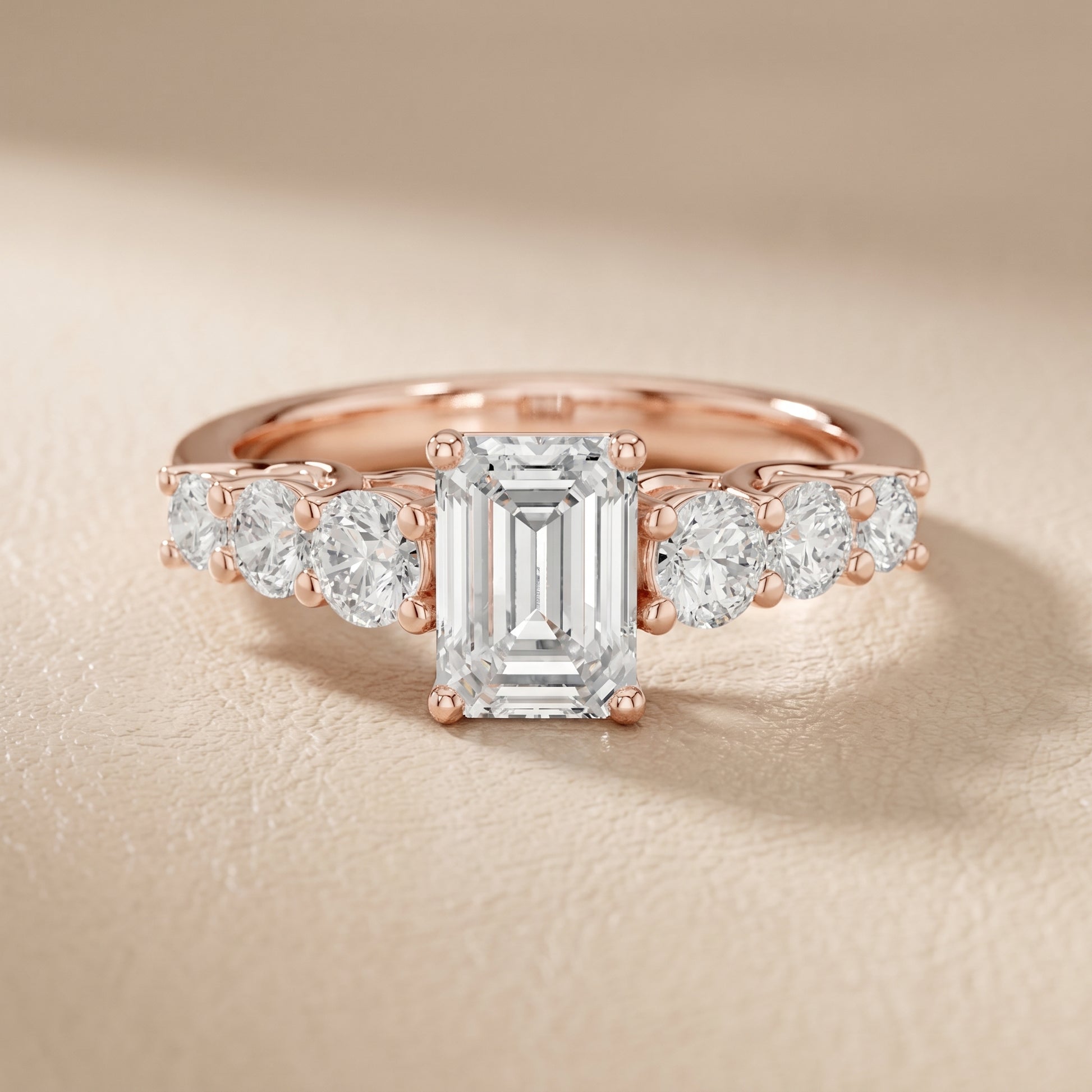 Emerald Round Cut Lab Grown Diamond Ring in Rose Gold