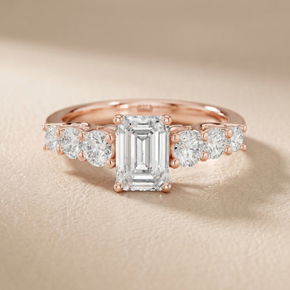 Emerald Round Cut Lab Grown Diamond Ring in Rose Gold
