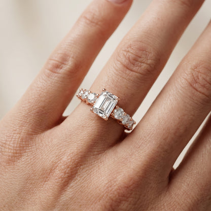 Emerald Round Cut Lab Grown Diamond Ring in Rose Gold