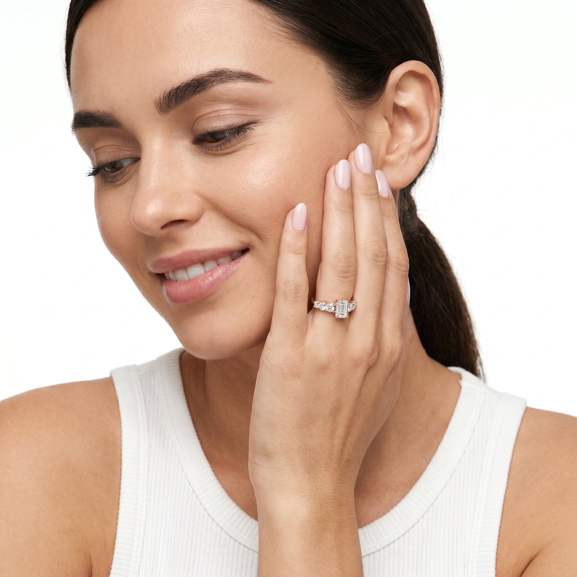 Emerald Round Cut Lab Grown Diamond Ring in Rose Gold