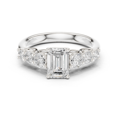 Emerald Round Cut Lab Grown Diamond Ring in Silver