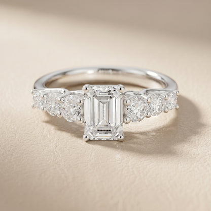 Emerald Round Cut Lab Grown Diamond Ring in Platinum