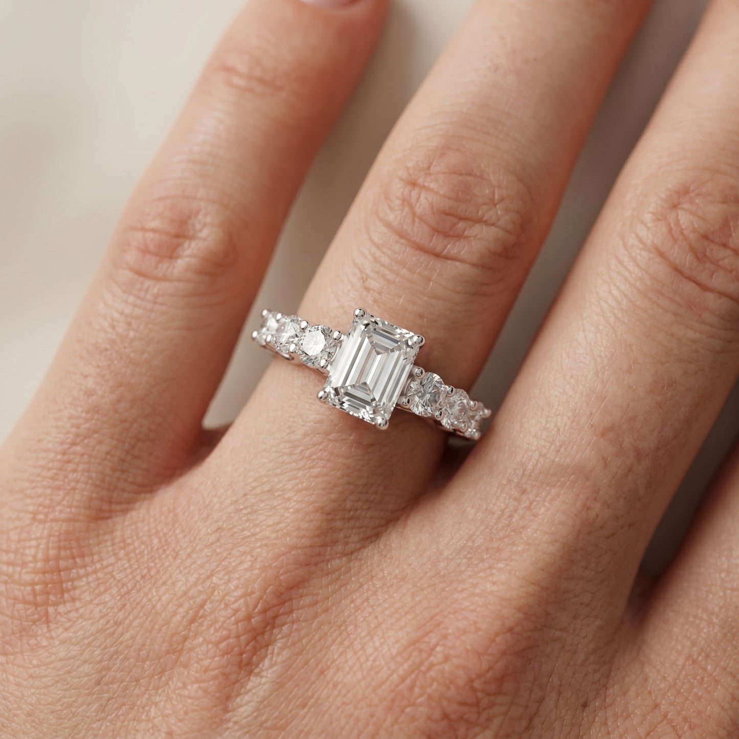 Emerald Round Cut Lab Grown Diamond Ring in Silver