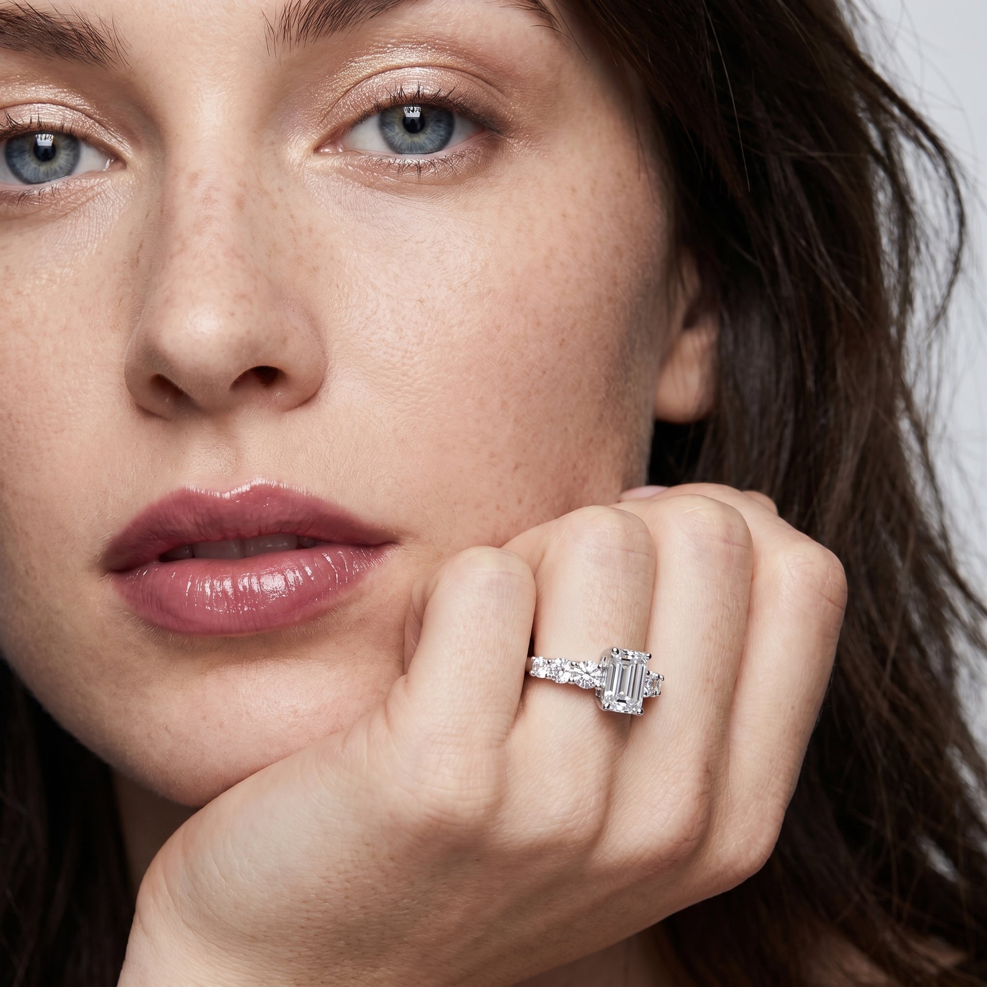 Emerald Round Cut Lab Grown Diamond Ring in Silver