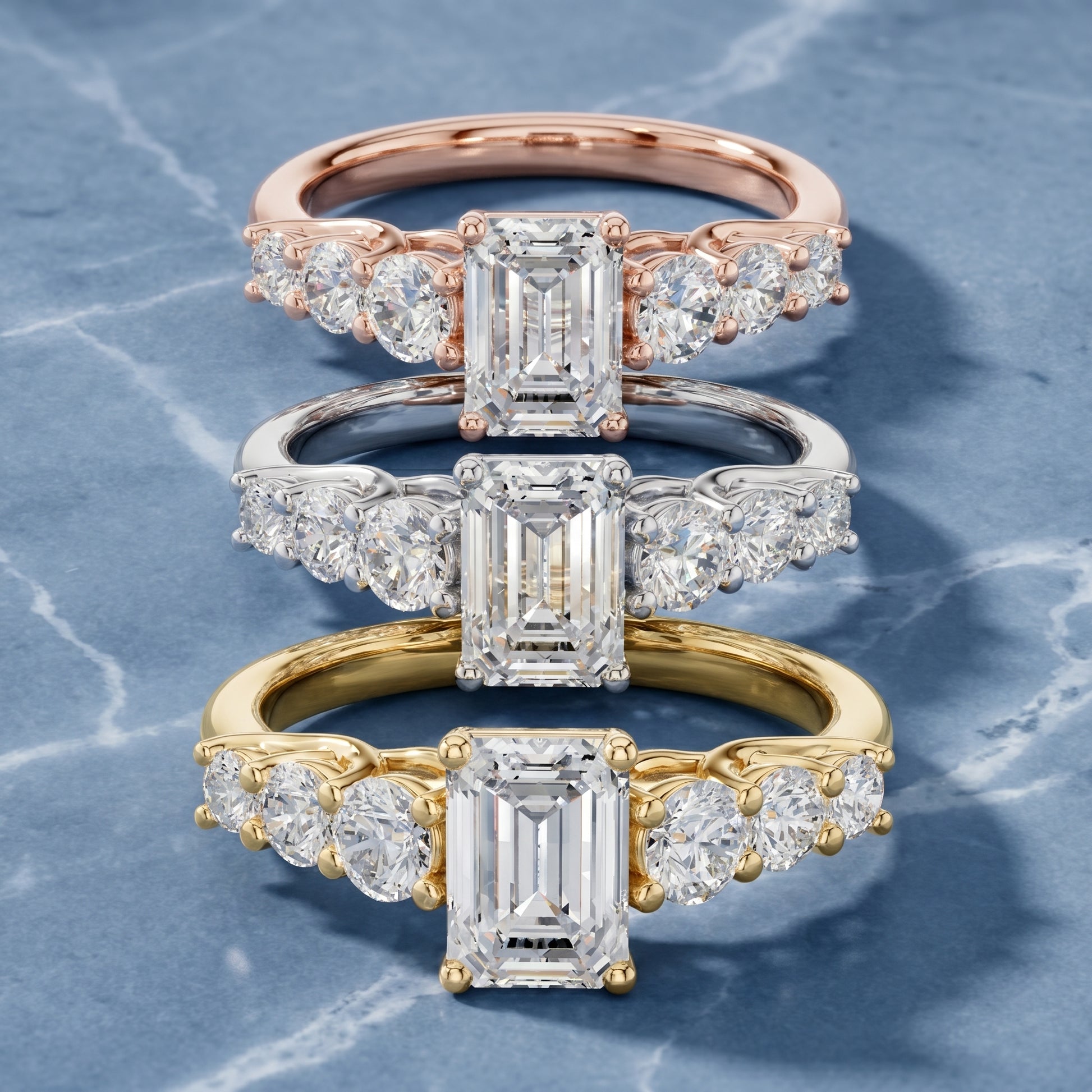 Emerald Round Cut Lab Grown Diamond Ring in Yellow Gold