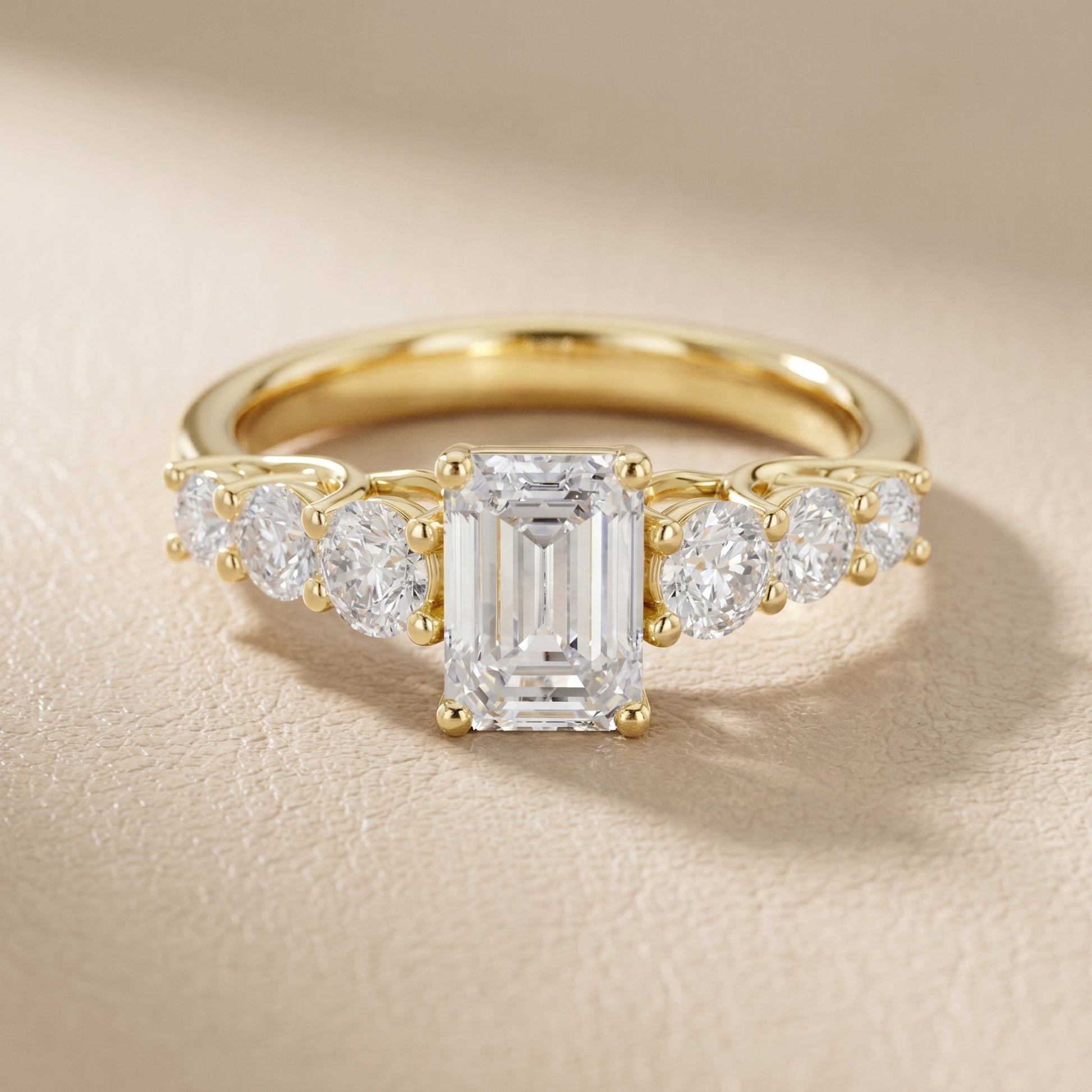 Emerald Round Cut Lab Grown Diamond Ring in Yellow Gold