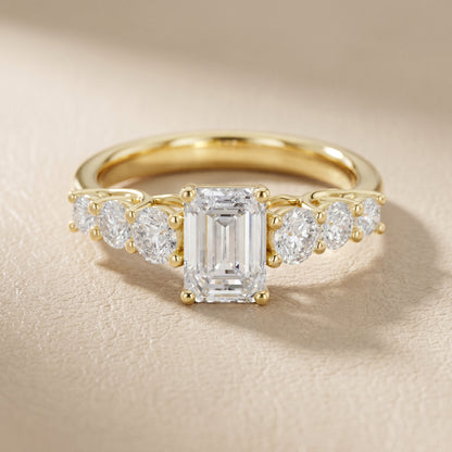 Emerald Round Cut Lab Grown Diamond Ring in Yellow Gold