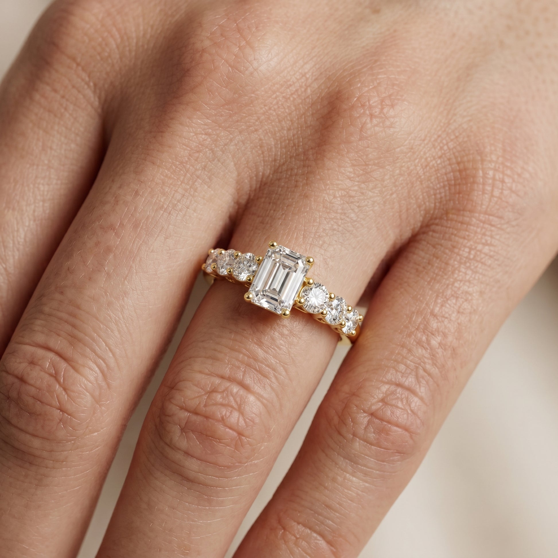 Emerald Round Cut Lab Grown Diamond Ring in Yellow Gold