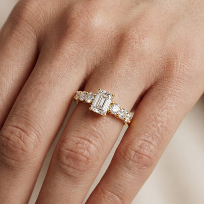 Emerald Round Cut Lab Grown Diamond Ring in Yellow Gold
