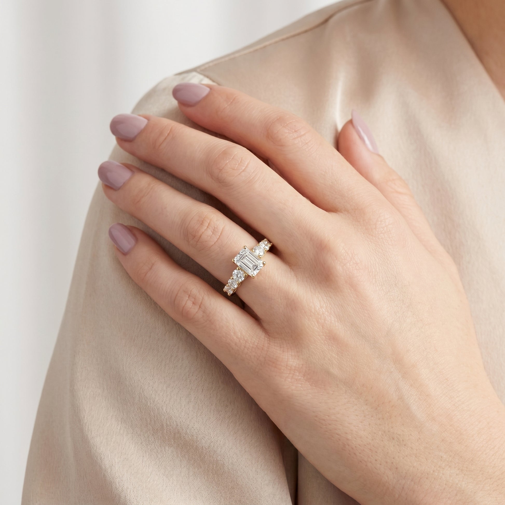 Emerald Round Cut Lab Grown Diamond Ring in Yellow Gold